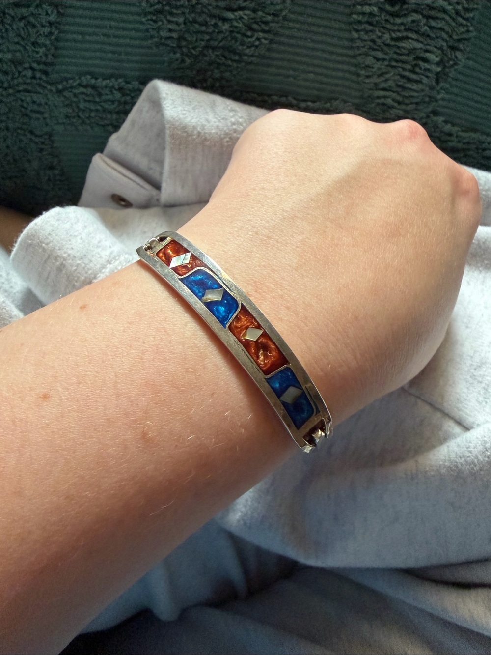 Mexican Silver Bracelet with Blue and Copper Inlay